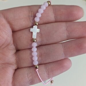 Pink Cross Beaded Adjustable Bracelet New!